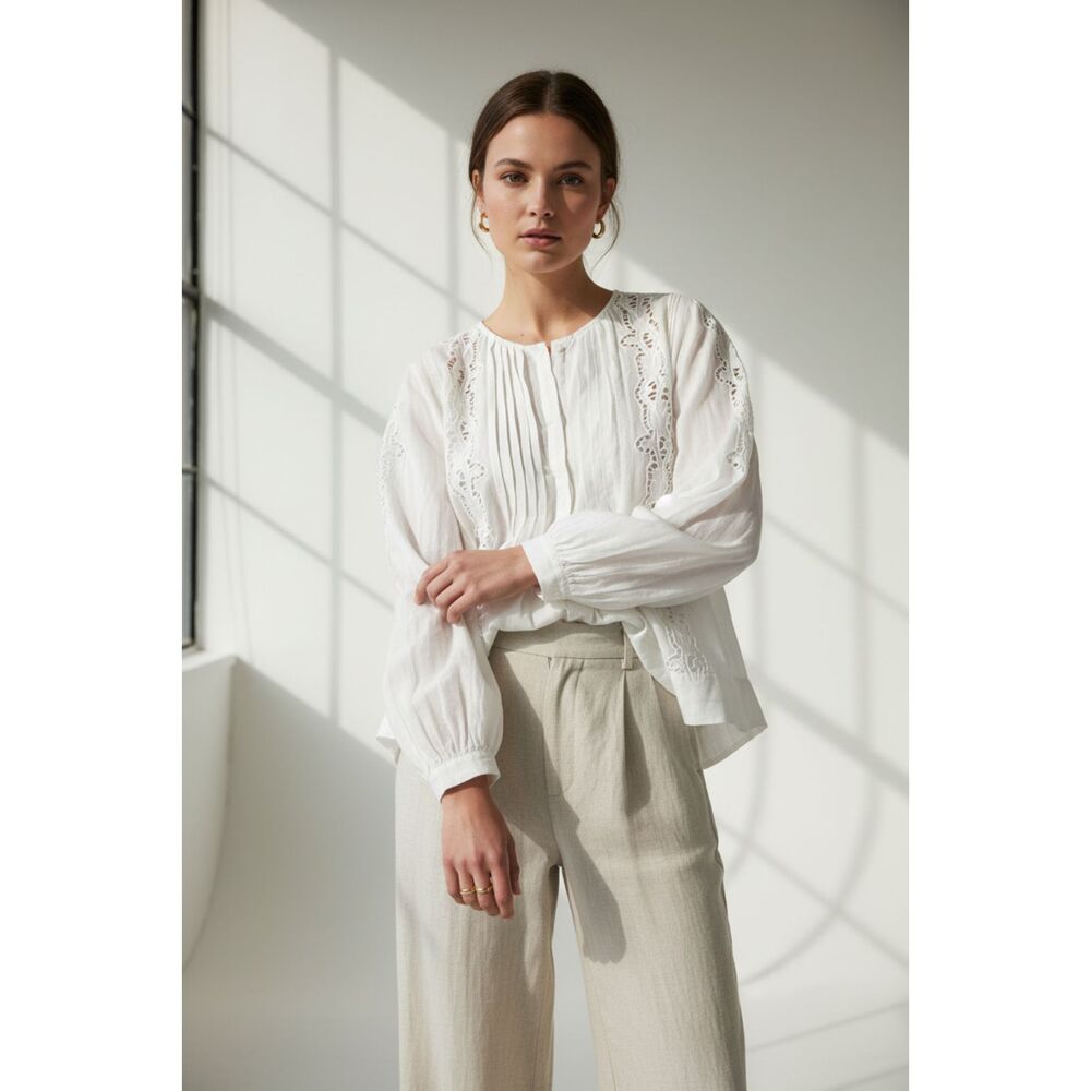 Nili Lotan White Embroidered Ramie Blouse | Made in India | Size XS